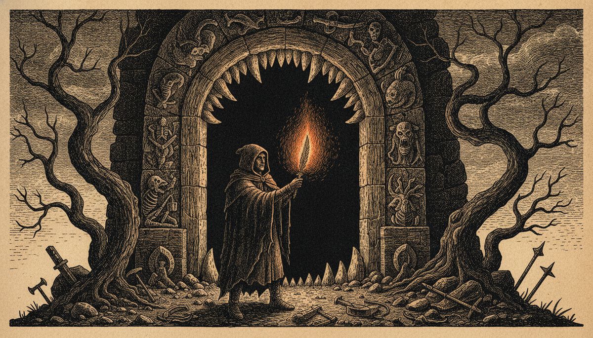 A hooded adventurer raises a glowing quill at the mouth of a vast crypt